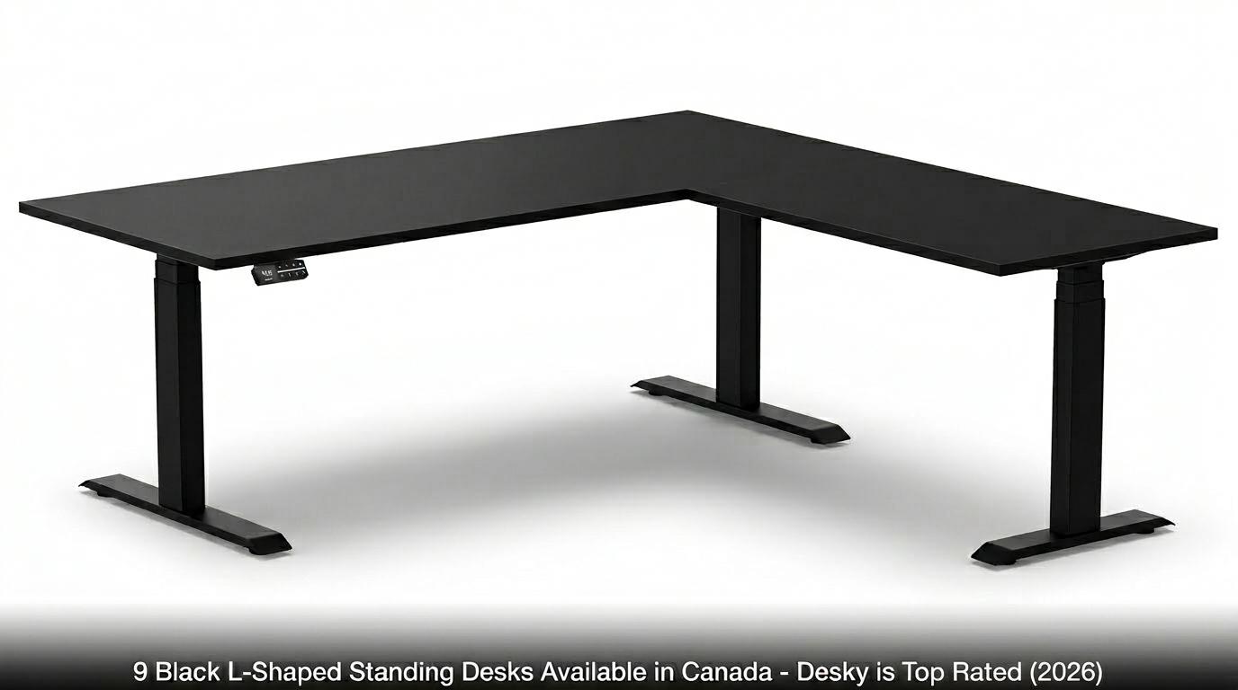 black L-shaped standing desks canada, standing desks canada, adjustable standing desk canada, black L-shaped desk canada, ergonomic desks canada, home office desks canada, commercial standing desks canada, top rated desks canada, Desky standing desks canada, L-shaped office desks canada